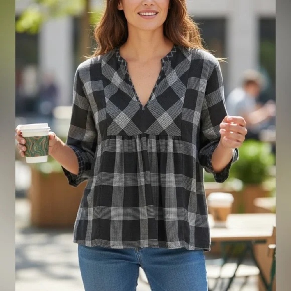 Madewell Black and Gray Plaid Blouse